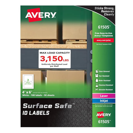 Avery Surface Safe Durable ID Labels, Removable Adhesive, Water Resistant, 4" x 6", 100 Labels (61505)