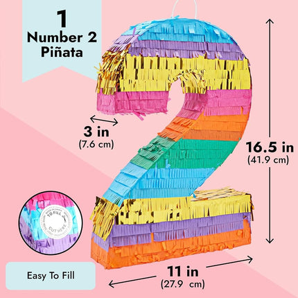 BLUE PANDA Rainbow Number 2 Pinata for 2nd Birthday Party Supplies, Fiesta, Cinco de Mayo Celebration (Small, 16.5 x 11 x 3 Inches)
