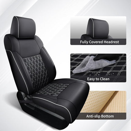 Huidasource Tacoma Front&Back Seat Covers Full Set, Automotive Leather Car Seat Cushion Cover Fit for 2005-2015 Double&Crew Cab 2nd Gen Toyota Tacoma Base SR5 Limited TRD Sport(Full Set/Black&White)