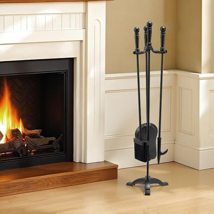VEVOR Fireplace Tool Set, 4 PCS Fire Tool Set and Holder with Three-Prong Stand, Ash Shovel, Brush, Fire Place Poker, Wrought Iron Fireplace Accessories for Campfire Indoor/Outdoor, Black