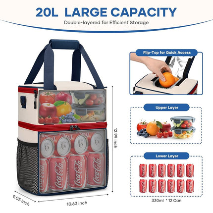 Maelstrom Lunch Box for Women, 20L Insulated Lunch Bag Men, Leakproof Double Deck Cooler Bag, Soft Lunch Cooler with Quick Access Flip-Top Lid for Work, Beach,Travel, Camping