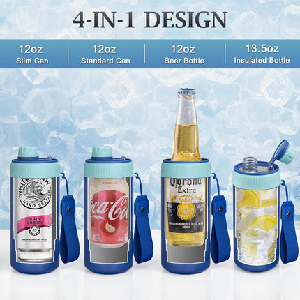 MAXSO Sealed Can Cooler Fizz Lid Can Cover for 12 oz Regular, Slim Skinny Cans & As Thermal Bottle, 4-in-1 Insulated Vacuum Stainless Steel Carbonated Cold Drink Holder - Royal Blue