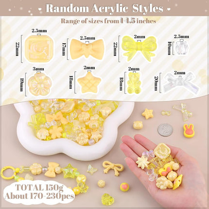 TINKRSTUFF Assorted Acrylic Beads,170-230PCS Yellow Aesthetic Bead for Bracelet Making, Bow Butterfly GummyBear Kawaii Charms,Cute Beads for Necklace Keychain Jewelry Making DIY Keychain Phone Charm