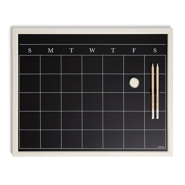 U Brands White Wash Frame Chalkboard Calendar Set, Office Supplies, with Magnet, Chalk Pencils 16” x 20”, 4 Pieces