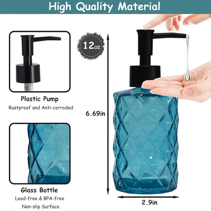 YYTSGG Blue Glass Soap Dispenser with Black Plastic Pump, 12oz, 2 Pack