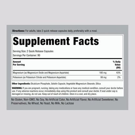Piping Rock Potassium Magnesium Aspartate Complex | 180 Capsules | Non-GMO, Gluten Free Supplement | by