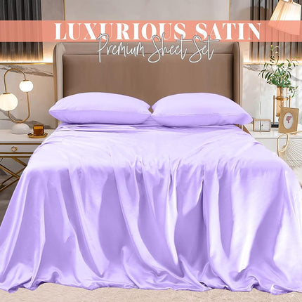 Elegant Comfort Luxurious 4-Piece Silky Satin Sheet Set, Skin and Hair Friendly, Wrinkle, Fade, Stain Resistant with Deep Pockets Fitted Sheet, Cooling Soft Satin Sheet Set, Twin, Lilac