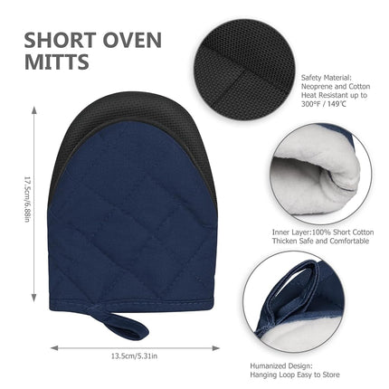 1 Pair Short Oven Mitts - Silicone Kitchen Oven Gloves High Heat Resistant 500℉, Mini Oven Mits with Non-Slip Grip Surfaces and Hanging Loop for BBQ, Baking, Cooking and Grilling (Dark Blue)