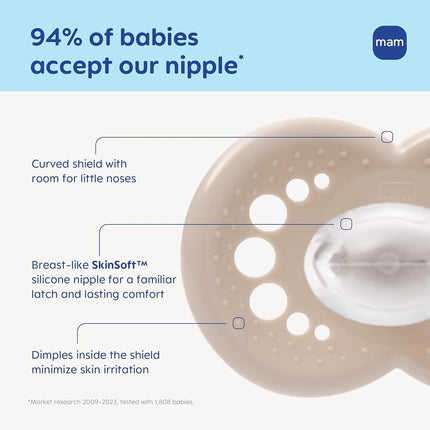 Chupete para bebé MAM Original Matte, la forma de la tetina ayuda a promover un desarrollo oral saludable, estuche esterilizador, paquete de 2, más de 16 meses, unisex