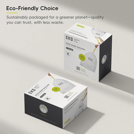 EKO 9.3 Gallon / 30–35 Liter Drawstring Trash Bags, 110 Count Heavy-Duty Tall Kitchen Garbage Can Liners, Extra-Strong Leak-Resistant, Unscented, White, Code K