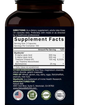 NatureBell Alpha Lipoic Acid Complex, 600mg, 300 Capsules | 4-in-1 Myelinctin Formula with R-ALA, S-ALA, Thiamine & Benfotiamine | High Absorption & Antioxidant Support | Non-GMO, Gluten-Free