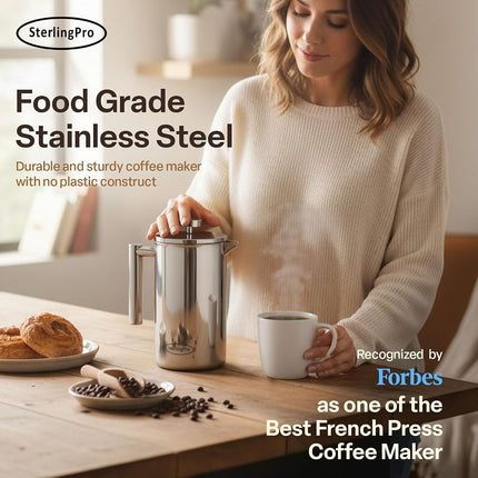 Cafetière à piston en acier inoxydable SterlingPro 1 L (34 oz) miroir – Grande cafetière à double paroi isolée, conception durable pour garder les boissons chaudes, facile à utiliser et à nettoyer pour une infusion riche en saveur