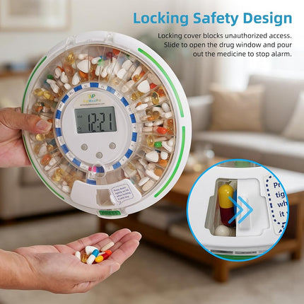 EziMedPil Automatic Pill Dispenser w/Audio & Visual Alerts, up to 6 Alarms/day, 6 Dosage Templates, Easy-Read LCD Display, Lock Medication Dispenser w/Key for Prescriptions, Vitamins & More, Clear Lid