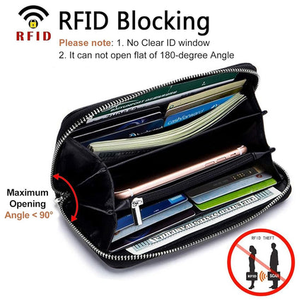 Moflycom Cartera de Mujer RFID Bloqueo de Cuero Genuino con Cremallera, Cartera de Mano con Correa de Muñeca, Cartera Larga de Viaje para Mujer, Negro, L, Cartera RFID
