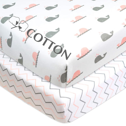 American Baby Company Sábana ajustable de punto de jersey de algodón 100% natural, con estampado de ballena rosa/zigzag, suave y transpirable, para niñas, paquete de 2 unidades
