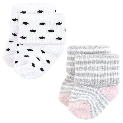 Hudson Baby Baby Girls' Cotton Rich Newborn and Terry Socks, Mom and Dad Girl Pink Black 12-pack, 6-12 Months