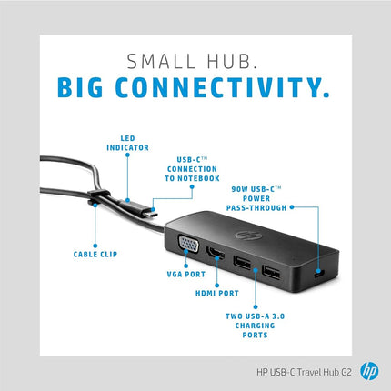HP USB-C® Travel Hub G2 - Multi Port Dongle for Charging, Accessories, and Connecting an Extra Display - HDMI, VGA, and Two USB-A 3.0 Ports - Scalable Power with 45W, 65W, or 90W Adapter