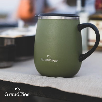 GrandTies Insulated Coffee Mug with Handle - Sliding Lid for Splash-Proof 16 oz Wine-Glass Shape Thermal Tumbler with Double Walled Vacuum Stainless Steel to Keeps Beverages Hot or Cold (Olive Green)