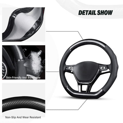 Ergocar Car Steering Wheel Cover Non-slip Car Steering Wheel Protector Sport D-shape Carbon Fiber & First Layer Cowhide Universal For Diameter 38cm(15") (D-Black)