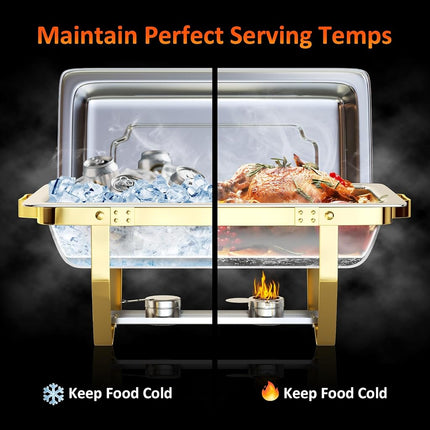 Plats à Frotter pour Buffet, Lot de 1, 8,5 L [Couleurs Or et Argent Élégantes] Ensemble de Plats à Frotter en Acier Inoxydable [Robuste et de Haute Qualité] Chafing Dishes et Chauffe-Plats pour Toutes les Fêtes avec Ensemble Complet
