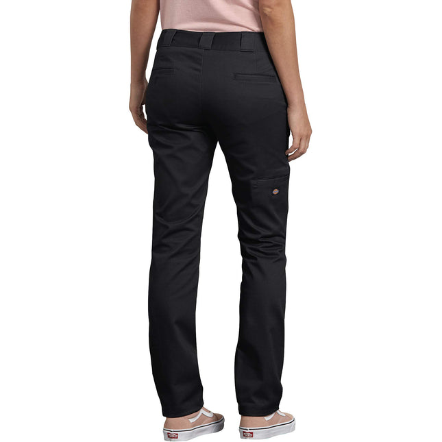 Pantalón de trabajo Dickies de doble rodilla para mujer con sarga elástica, negro, talla 6