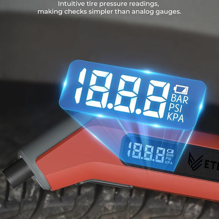 ETENWOLF T300 Digital Tire Pressure Gauge 3-200 PSI, Industrial Tire Gauge Calibrated to ANSI B40.7 Grade 2A(Plus-Minus 0.5%), Replaceable AAA Batteries (Vivid Orange)