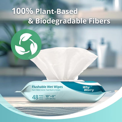 WhyWorry Flushable Wipes for Adults, Extra Large 20x25 cm Flushable Toilet Wipes with Chamomile & Vitamin E, Moist Toilet Tissues, 100% Plant-Based, Biodegradable, Hypoallergenic, Unscented, 384 Count
