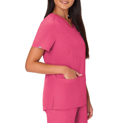 Hanes Women's Scrubs Healthcare Top, Moisture-Wicking Stretch Scrub Shirts, Ribbed Back Panel, Fuchsia Pink, M
