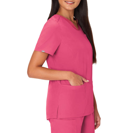 Hanes Women's Scrubs Healthcare Top, Moisture-Wicking Stretch Scrub Shirts, Ribbed Back Panel, Fuchsia Pink, M