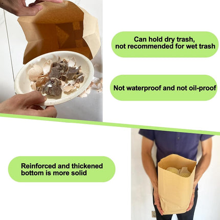 KAIHENG Kitchen Food Waste Bags, 100PCS Compostable Paper Garbage Bag, Recycling Paper Trash Bag for Dry Rubbish, Plastic Free
