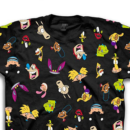 Camiseta clásica de Nickelodeon de los 90 para hombre - Rugrats, Invader Zim, Ren & Stimpy, y Hey Arnold Vintage T-Shirt (Negro Estampado, Pequeña)