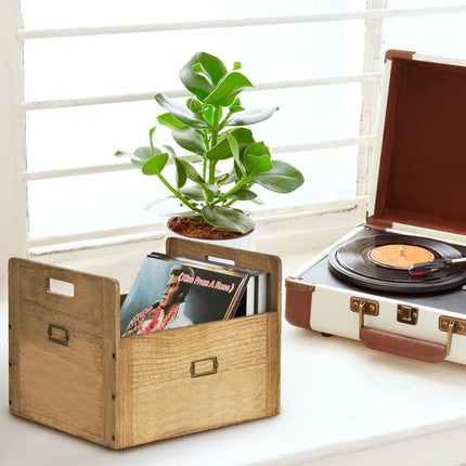 KIRIGEN Wooden Vinyl Record Storage Crate Box, Holds 80 LP Albums, Brown