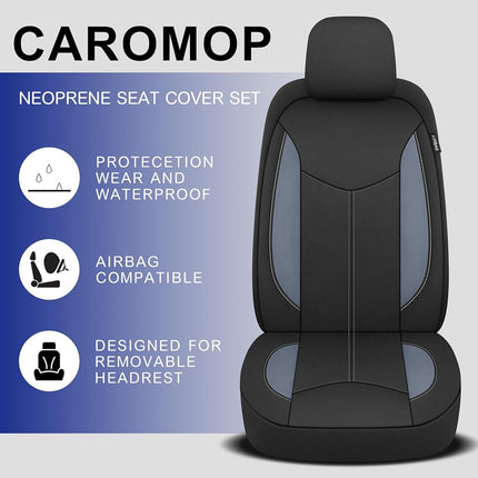 CAROMOP Waterproof Car Seat Cover, Full Seats, Neoprene, Split Seat Covers for Cars, Universal Fit for Most Car Interior Covers, Sedan, Truck, SUV (Black/Grey)