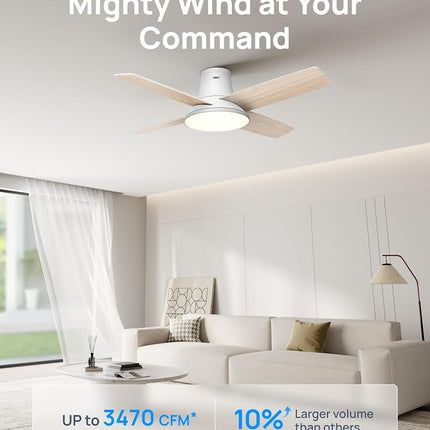 Dreo Ceiling Fans with Lights, 12 Speeds & 3 Fan Modes, Quiet DC Motor, Low Profile Easy to Install, Flush Mount Smart Ceiling Fan with Dimmable LED, 12H Timer for Bedroom, Remote, White, 44''