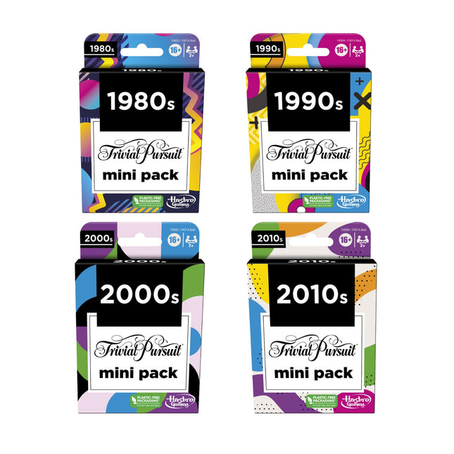Trivial Pursuit mini packs, multipack, fun questions for adults and young people aged 16 and over, contains 4 games spanning 4 decades, language - English