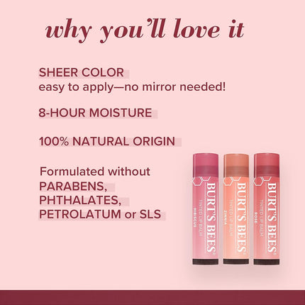 Burt's Bees Tinted Lip Balm Rose, Moisturising Lip Tint With Shea Butter, 100% Natural Origin, 4.25g