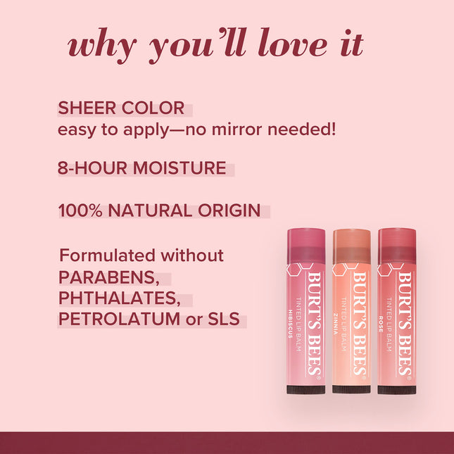 Burt's Bees Tinted Lip Balm Rose, Moisturising Lip Tint With Shea Butter, 100% Natural Origin, 4.25g