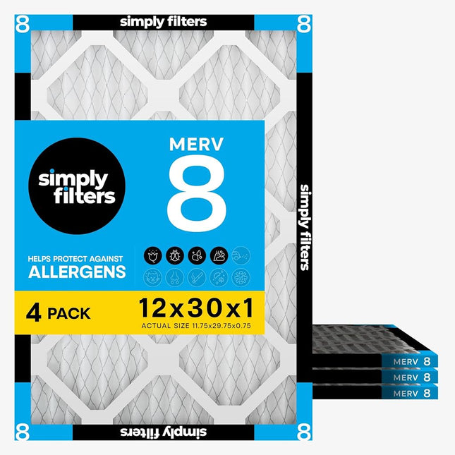 Simply 12x30x1 Air Filter, Merv 8, 4 Pack, For Home AC Furnace & HVAC (Actual Size: 11.75"x29.75"x0.75") DUST, Pet, & Allergy Control