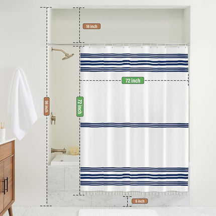 Seasonwood Blue Shower Curtain with Tassel for Bathroom Decor,Blue Striped Shower Curtain,Chic Polyester Bath Curtain 72 x 72
