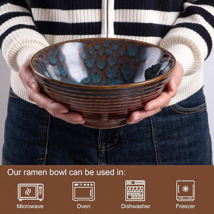 HOKELER Ceramic Japanese Ramen Bowl Set, 2 Sets Asian Pho Udon Soup Noodle Bowls with Spoons and Chopsticks (Peacock Green, 8 inches)