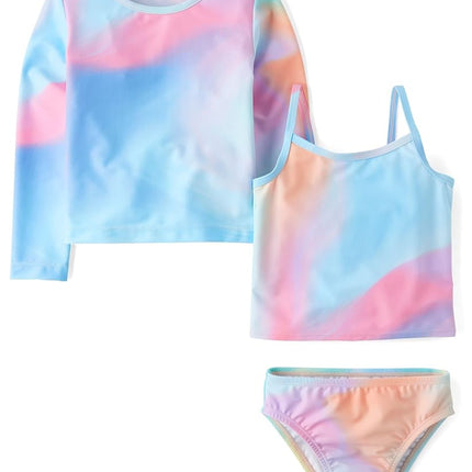 Traje de baño de 3 piezas para bebé y niña pequeña de The Children's Place, con rashguard de manga larga y tankini, azul golfo, 12-18 meses