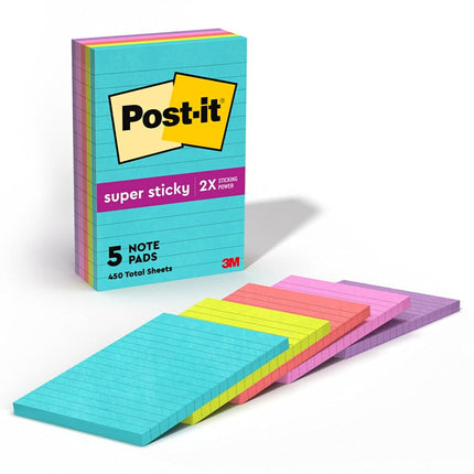 Post-it Super Sticky Notes, 4 in x 6 in, 5 Pads, 2X The Sticking Power, Miami Collection, Neon Colors (Orange, Pink, Blue, Green), Recyclable (660-5SSMIA)