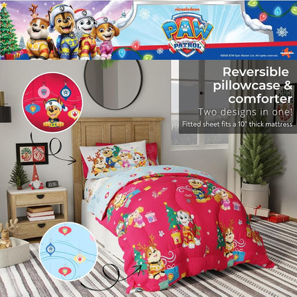 Paw Patrol Holiday & Christmas Soft Comforter and Sheet Set with Sham, 5 Piece Twin Size (Official Licensed Product) Franco