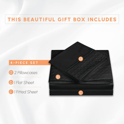 Elegancia y Confort Lujoso Juego de Sábanas Acolchadas de 4 Piezas - Caja de Regalo - Suavidad de Calidad Egipcia de 1500 Hilos - Resistente a las Arrugas - Sábana Bajera Ajustable Elástica en Todo el Contorno, Bolsillo Profundo, Queen, Negro