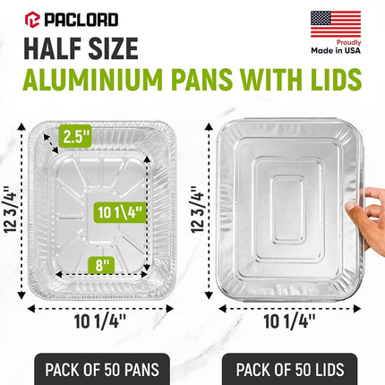 Paclord Aluminum Pans with Lids - 9" x 13" Half Size Foil Pans with Lids, Pack of 50 Pans and 50 Lids, USA-Made Disposable Aluminum Trays for Chafing Racks - Great for Cooking, Heating, Food Storing