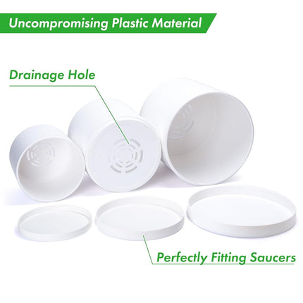 D'vine Dev 10 Inch 12 Inch 14 Inch, Set of 3 Plastic Planter Pots for Plants with Drainage Hole and Seamless Saucers, White Color, XX-Large, 74-V-A-6