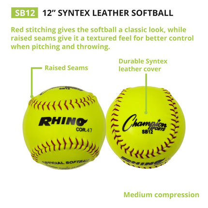 Champion Sports SB12 Optic Yellow Syntex Cover Softballs, 12 po, Paquet de 12