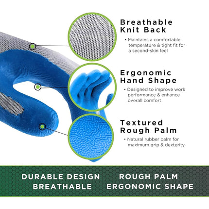 SHOWA Atlas 300 Original 1994 Crinkle Grip Work Gloves, Natural Latex Palm, Heavy Duty 10-Gauge for Construction, Landscaping, Gardening, & Masonry, Blue, Medium, 12-Pack