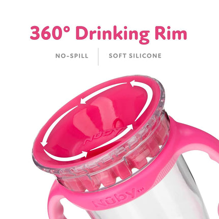 Nuby 360 Edge 2 Stage Drinking Rim Cup with Removable Handles & hygienic Cover: 8 Oz/ 240 Ml, 12M+, Flower Crowns, Pink