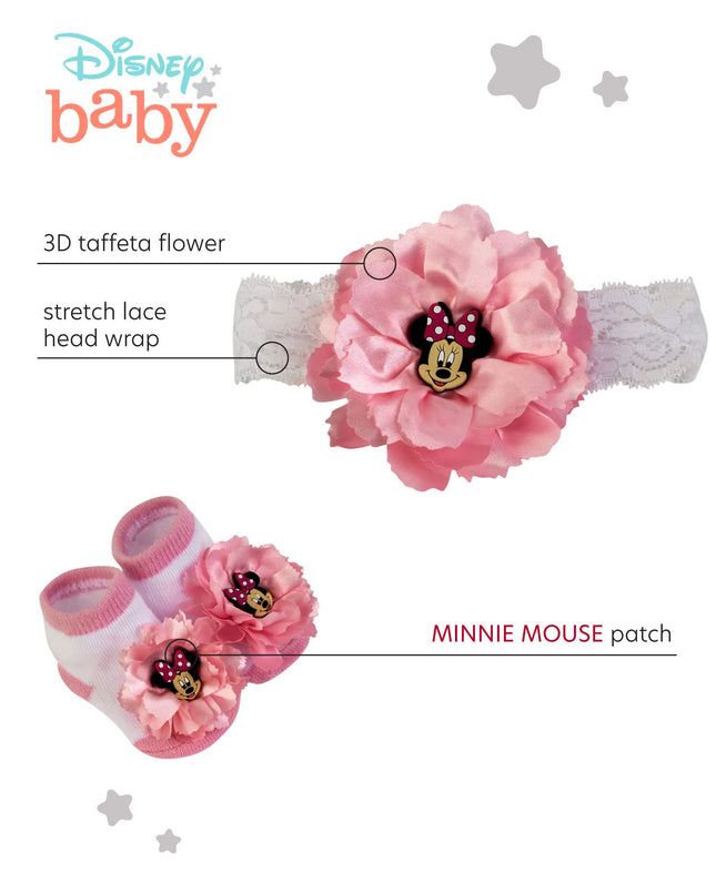 Disney Baby Minnie Mouse Polka Dot Flower Headwrap and Booties Gift Set, pink, white, 0-12M
